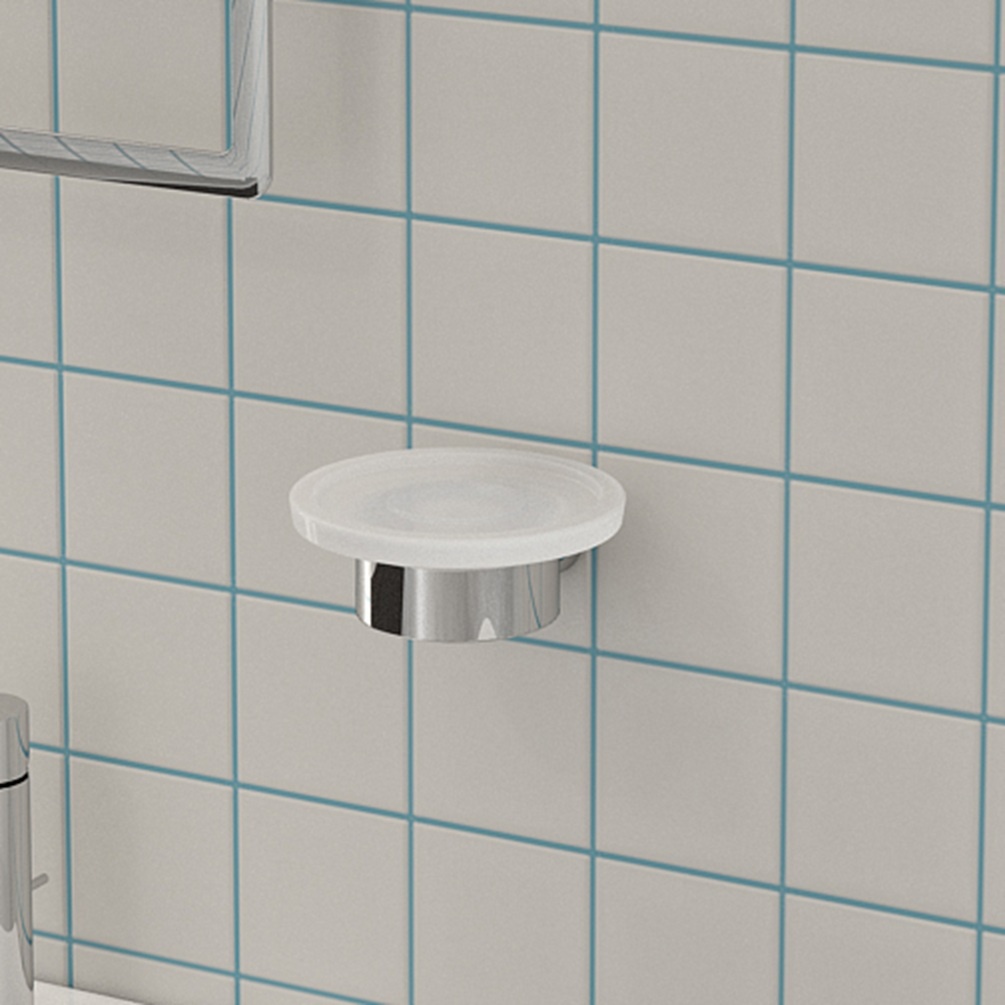 product lifestyle image of origins living pirenei chrome soap dish on white tiled wall